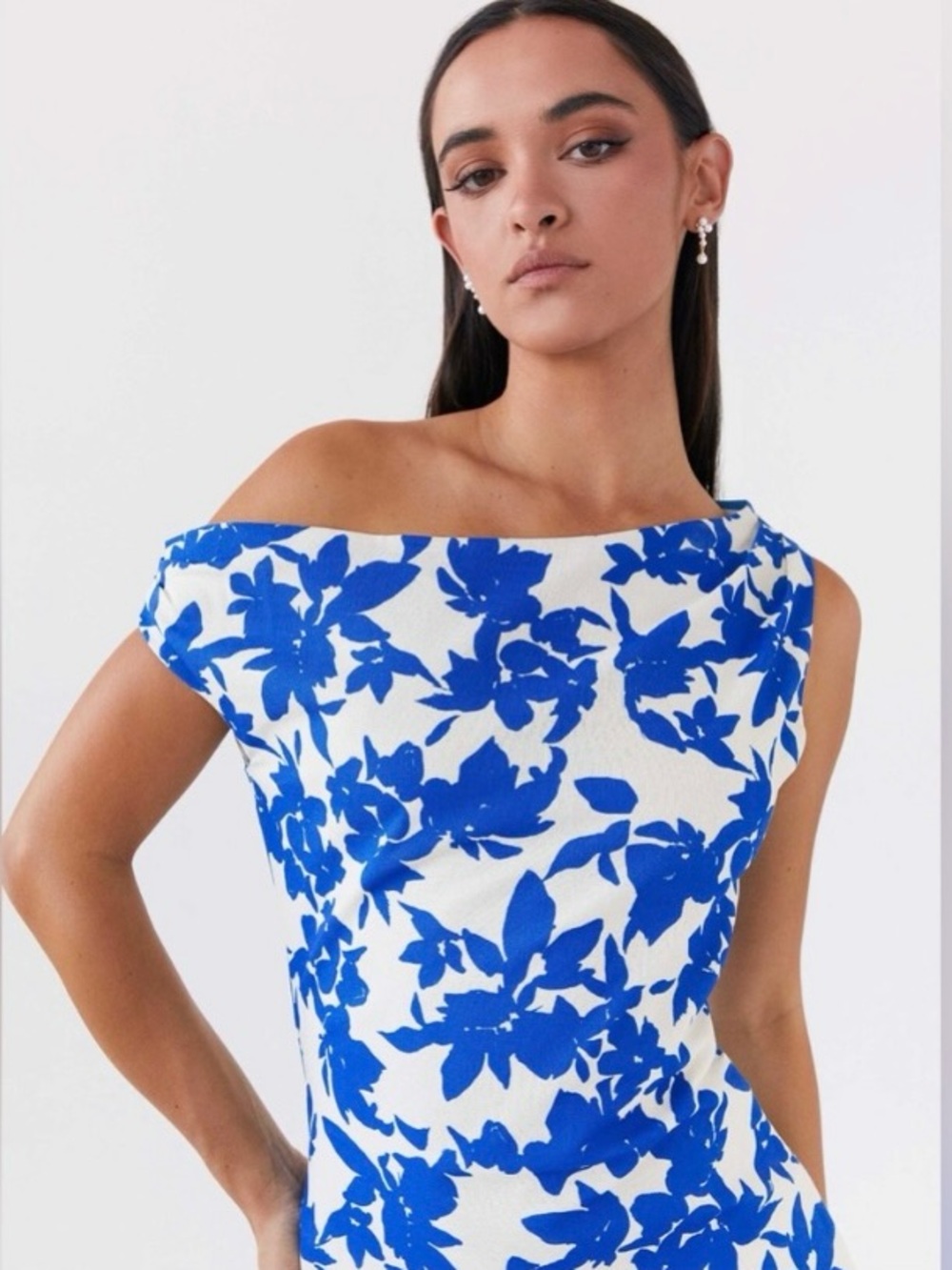 Peppermayo blue and white floral maxi asymmetrical shoulder dress new WO tag - Picture 2 of 5